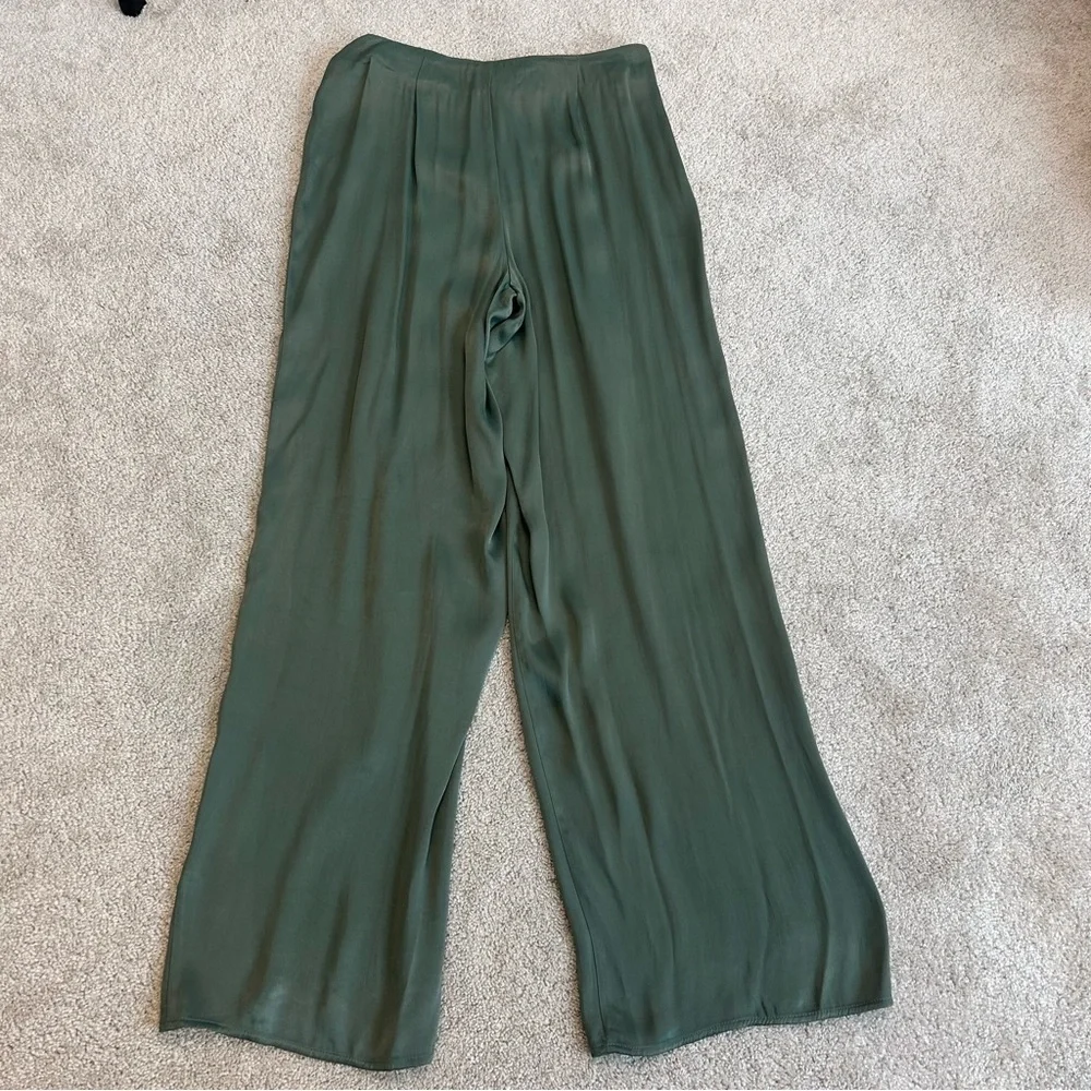ZARA khaki green full length high waisted pleated wide leg satin effect pants M - Picture 5 of 13